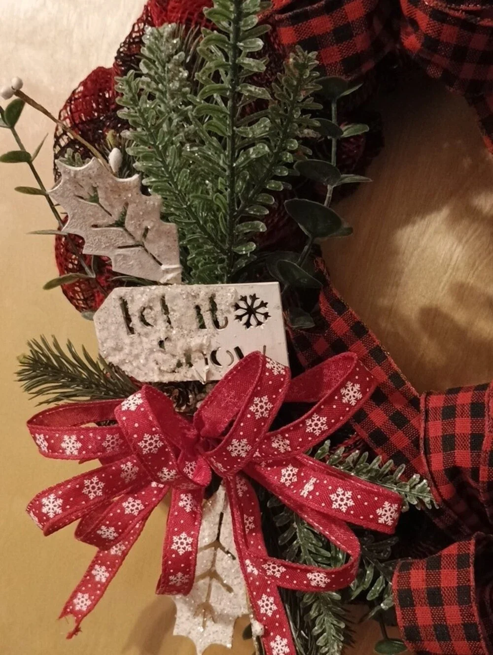 Red Buffalo Plaid Holiday Wreath with Snowman Accent